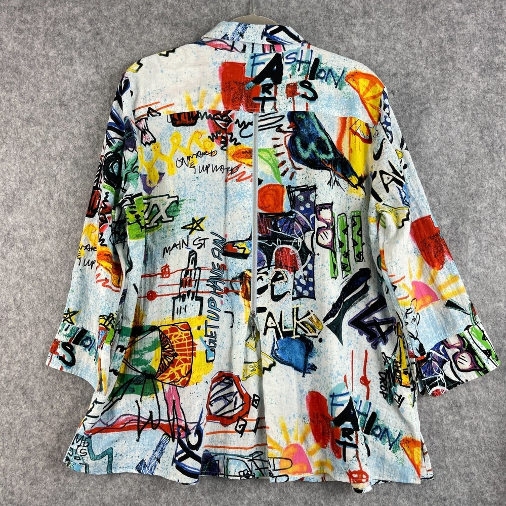 Ali Miles Tunic Top Womens XL Doodle Graffiti Print Button Up Pocket Artsy Boho - Picture 11 of 15
